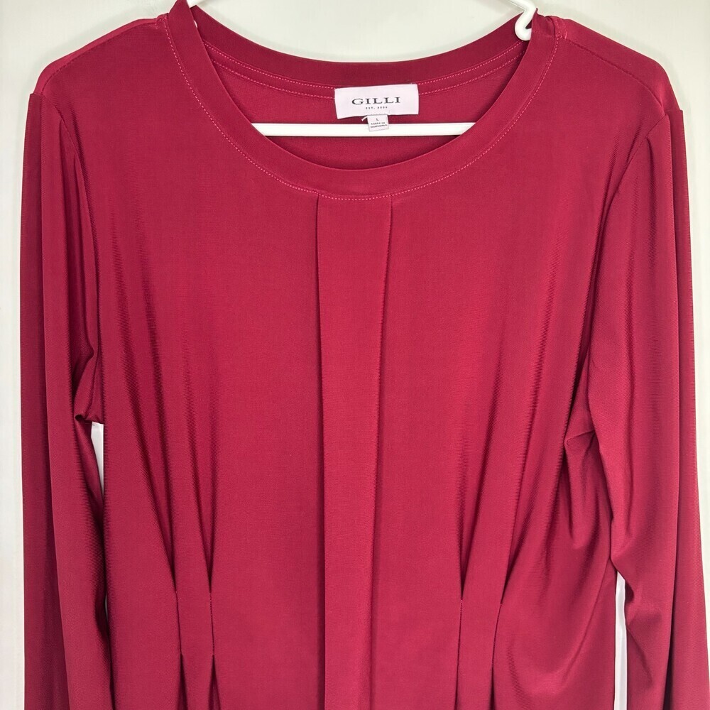 GILLI V Neck Cinched Top Womens L Red Long Sleeve Silky Round Neck Slimming